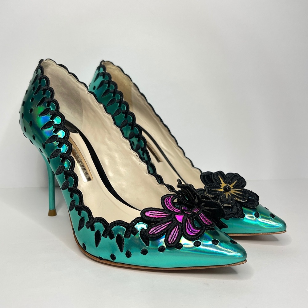 Sophia Webster Lilico Iridescent Teal Green Floral Pumps 36.5 Scalloped Stiletto